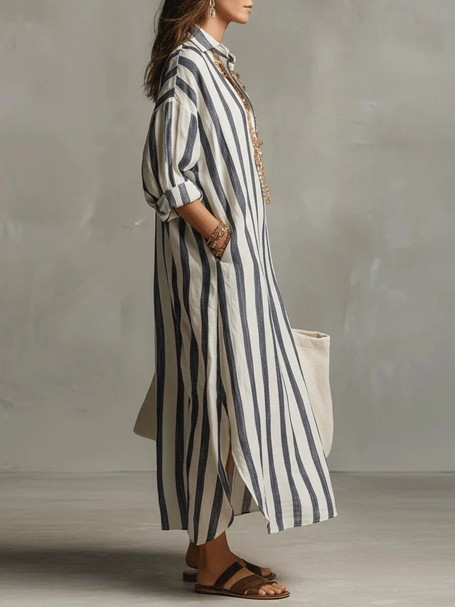 Olivia | Women's Loose-Fit V-Neck Linen Maxi Shirt Dress, Striped Long Sleeve