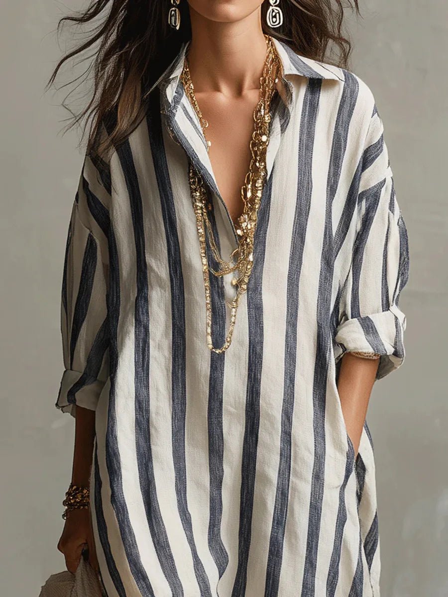 Olivia | Women's Loose-Fit V-Neck Linen Maxi Shirt Dress, Striped Long Sleeve