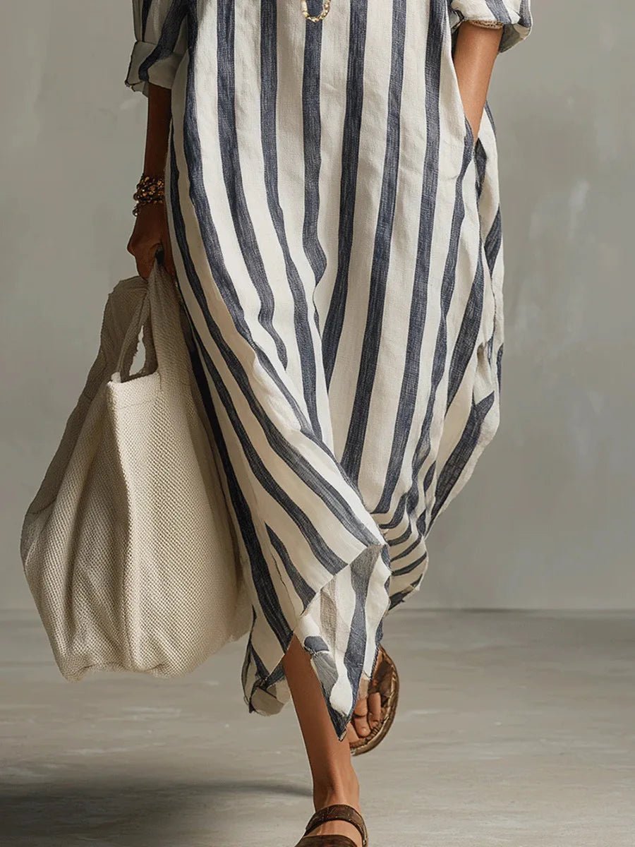Olivia | Women's Loose-Fit V-Neck Linen Maxi Shirt Dress, Striped Long Sleeve
