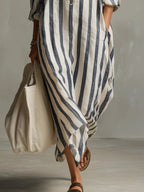 Olivia | Women's Loose-Fit V-Neck Linen Maxi Shirt Dress, Striped Long Sleeve