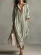Olivia | Women's Loose-Fit V-Neck Linen Maxi Shirt Dress, Striped Long Sleeve
