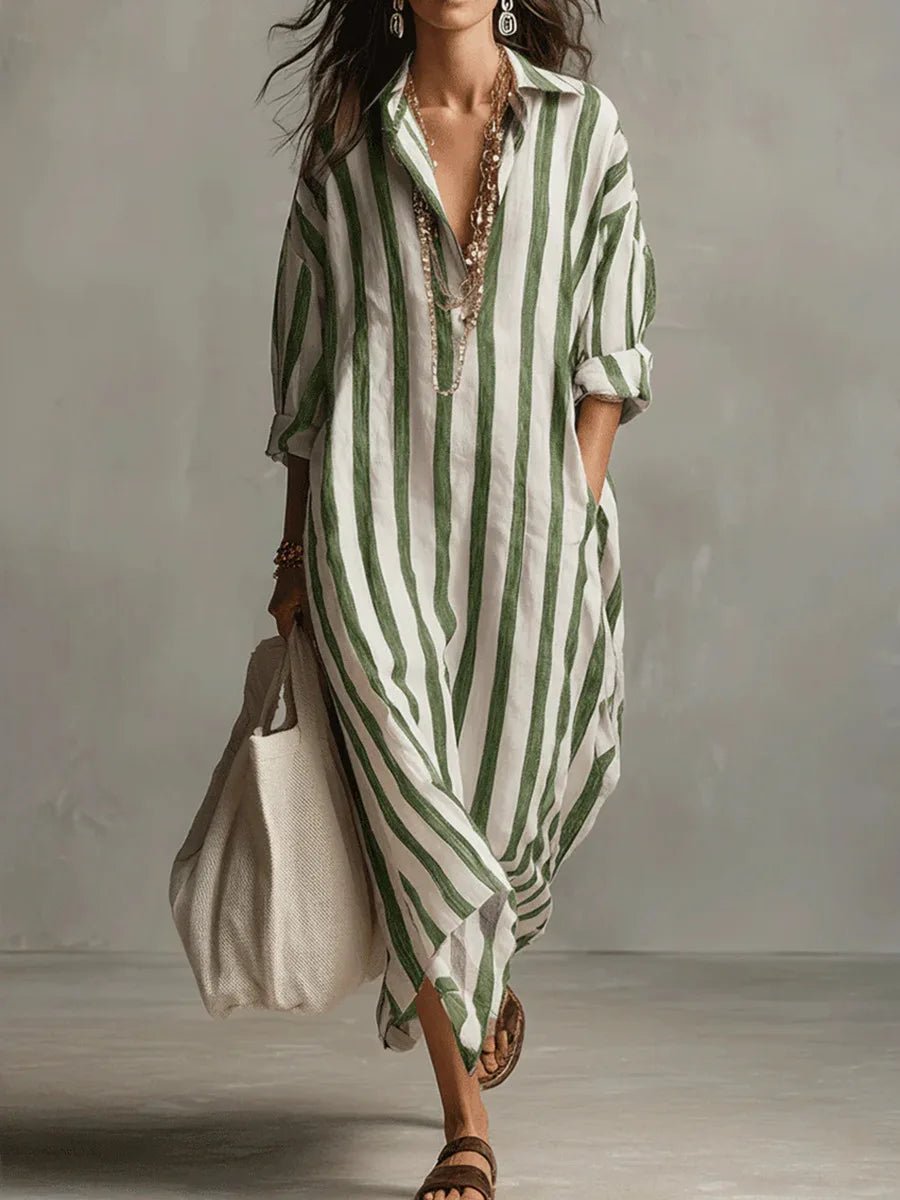 Olivia | Women's Loose-Fit V-Neck Linen Maxi Shirt Dress, Striped Long Sleeve