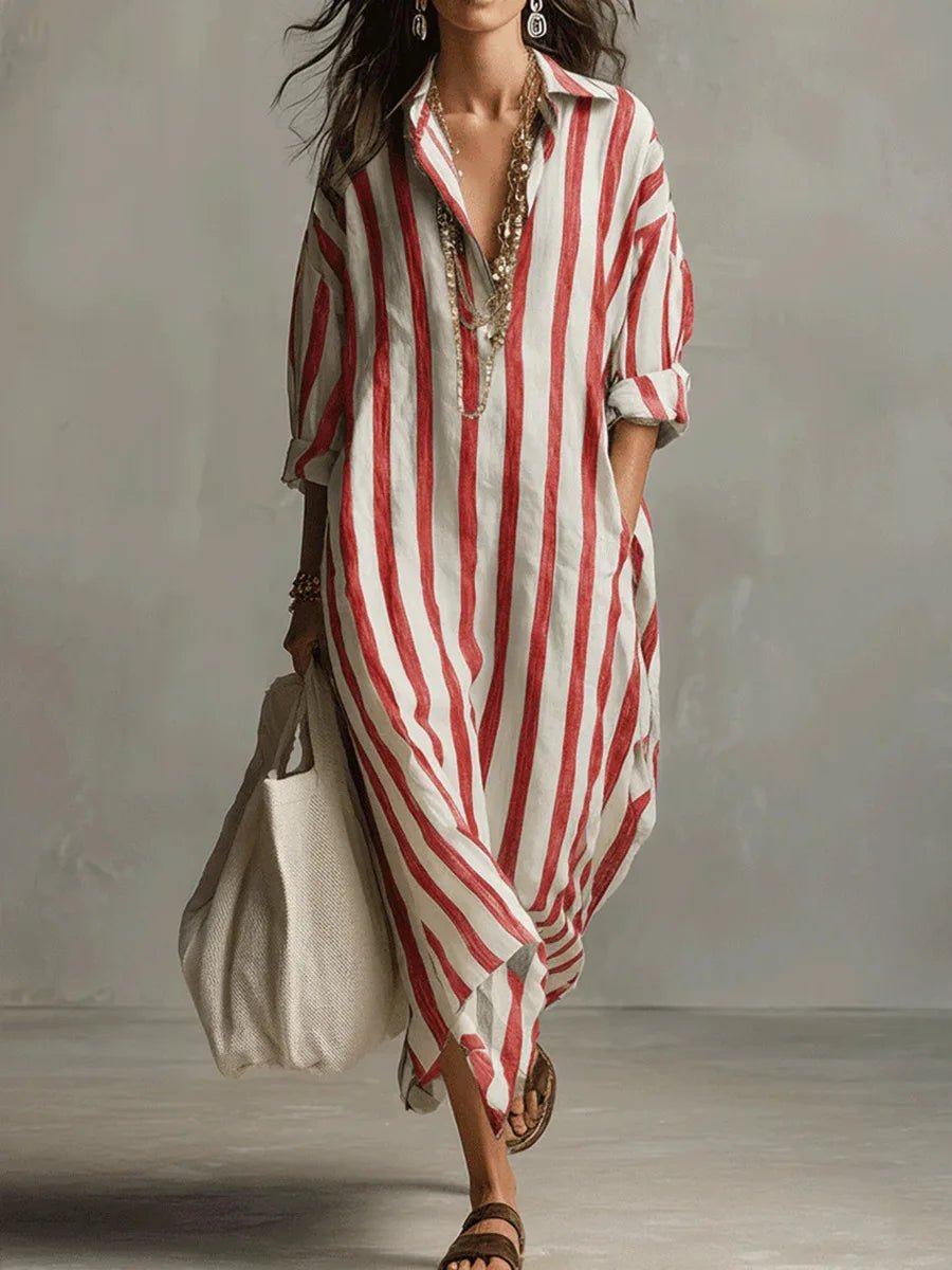 Olivia | Women's Loose-Fit V-Neck Linen Maxi Shirt Dress, Striped Long Sleeve