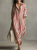 Olivia | Women's Loose-Fit V-Neck Linen Maxi Shirt Dress, Striped Long Sleeve