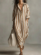 Olivia | Women's Loose-Fit V-Neck Linen Maxi Shirt Dress, Striped Long Sleeve