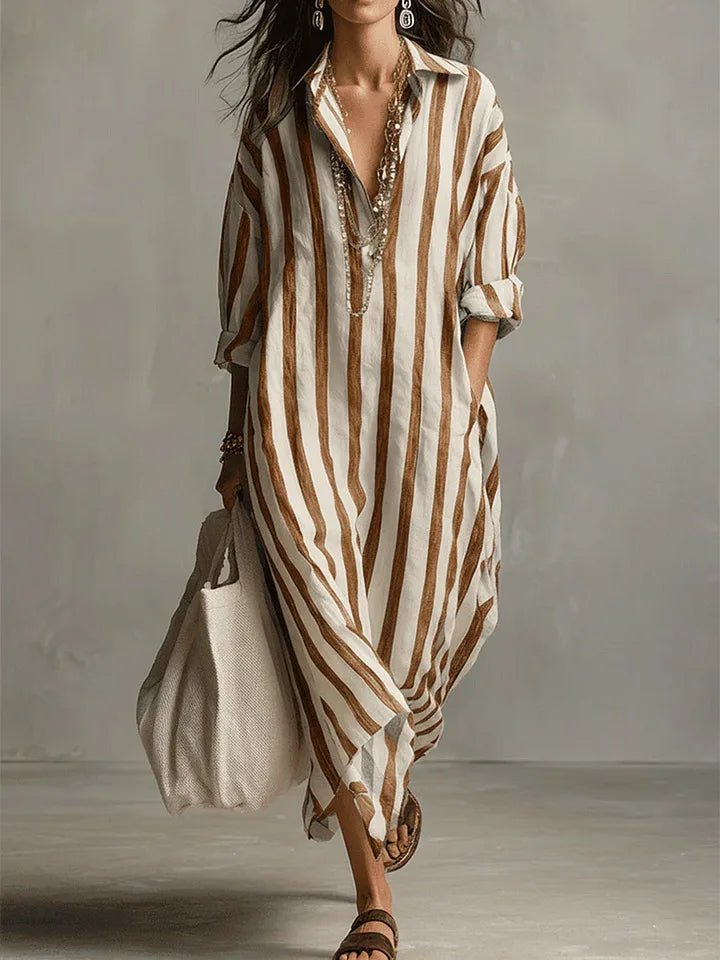 Olivia | Women's Loose-Fit V-Neck Linen Maxi Shirt Dress, Striped Long Sleeve