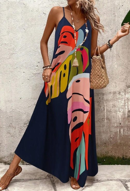 Scarlett | Women's Sleeveless V-Neck Maxi Dress with Tropical Leaf Print