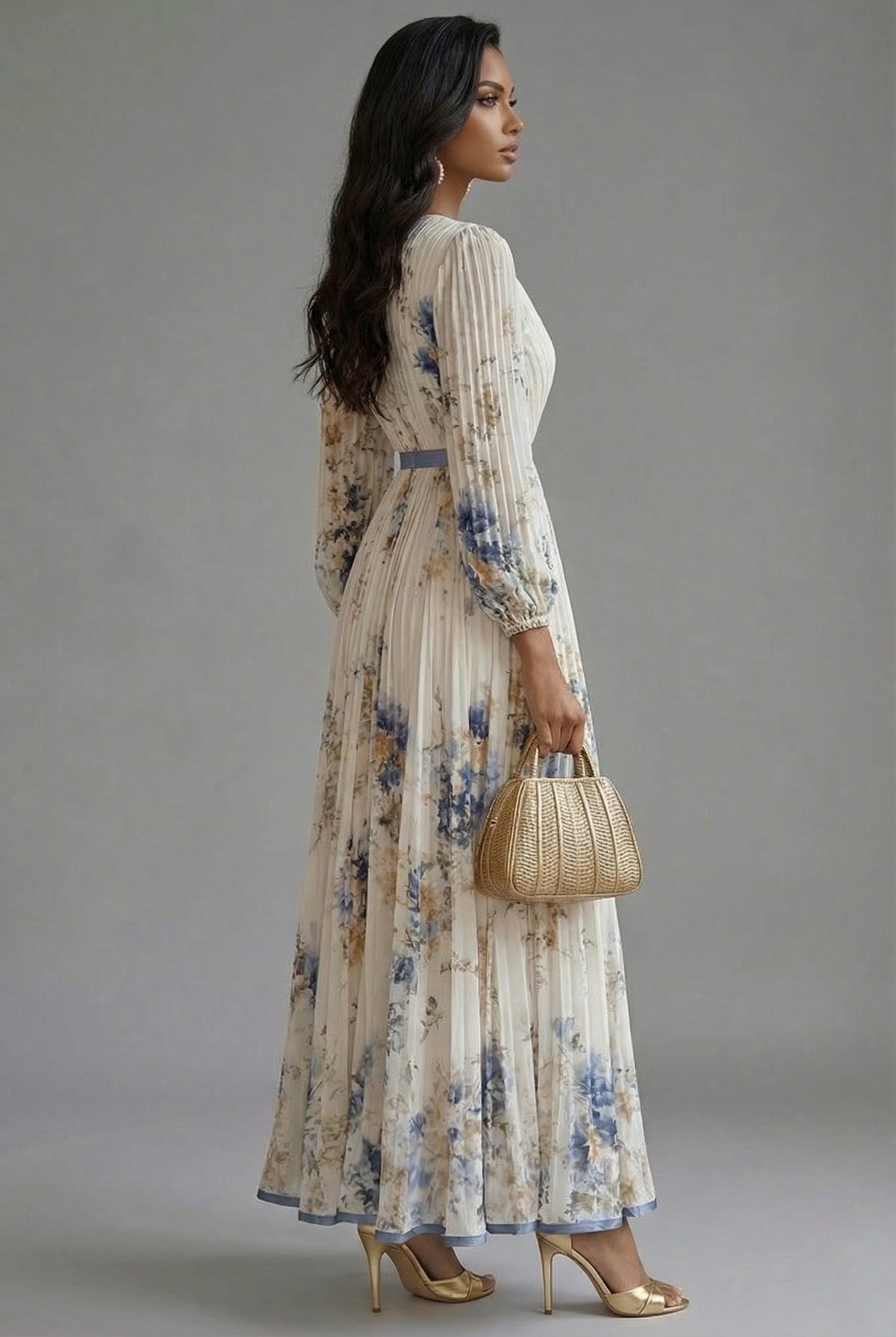Evelyn | Women's V-Neck Long-Sleeve Pleated Maxi Dress in Floral Print