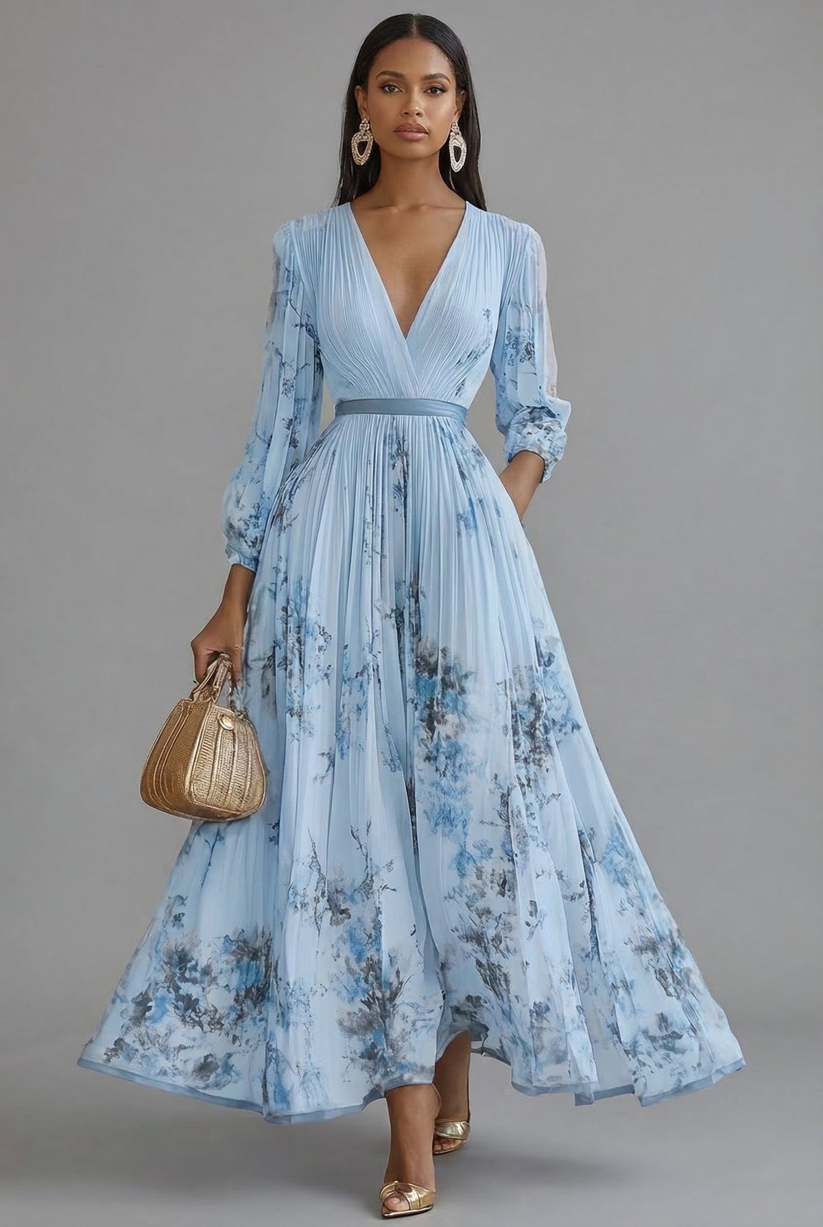 Evelyn | Women's V-Neck Long-Sleeve Pleated Maxi Dress in Floral Print