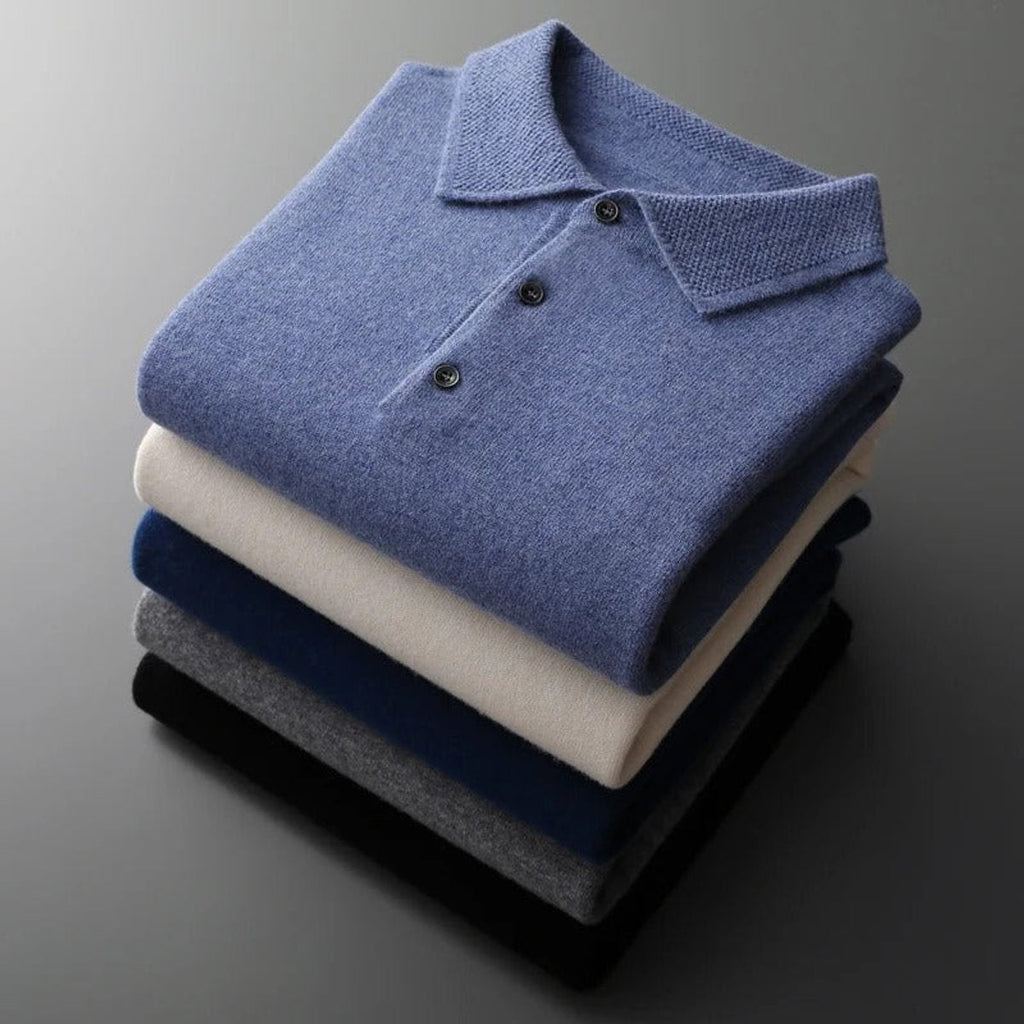 James | Men's Cashmere Polo Knit Sweater Long Sleeve Button Collar Pullover
