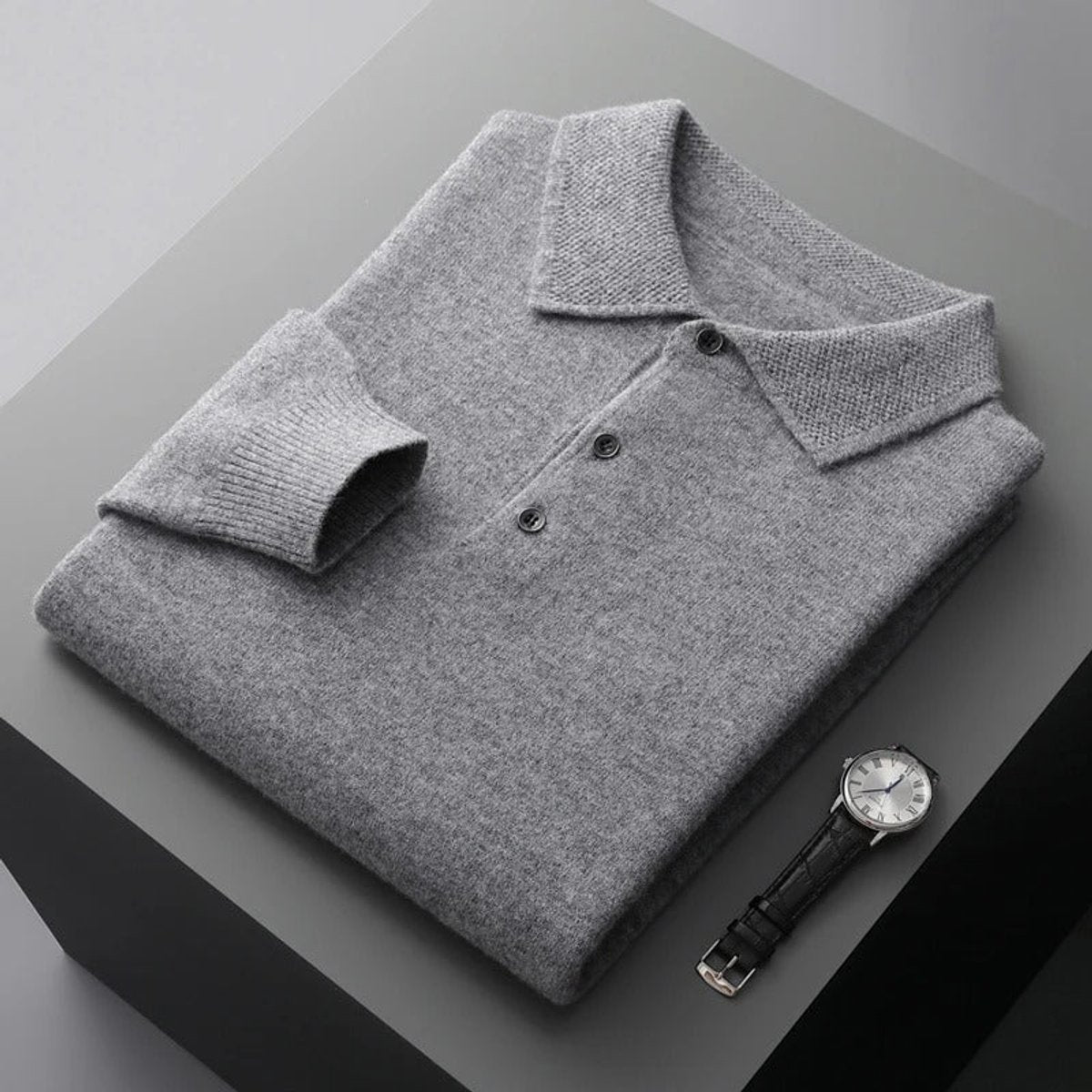 James | Men's Cashmere Polo Knit Sweater Long Sleeve Button Collar Pullover