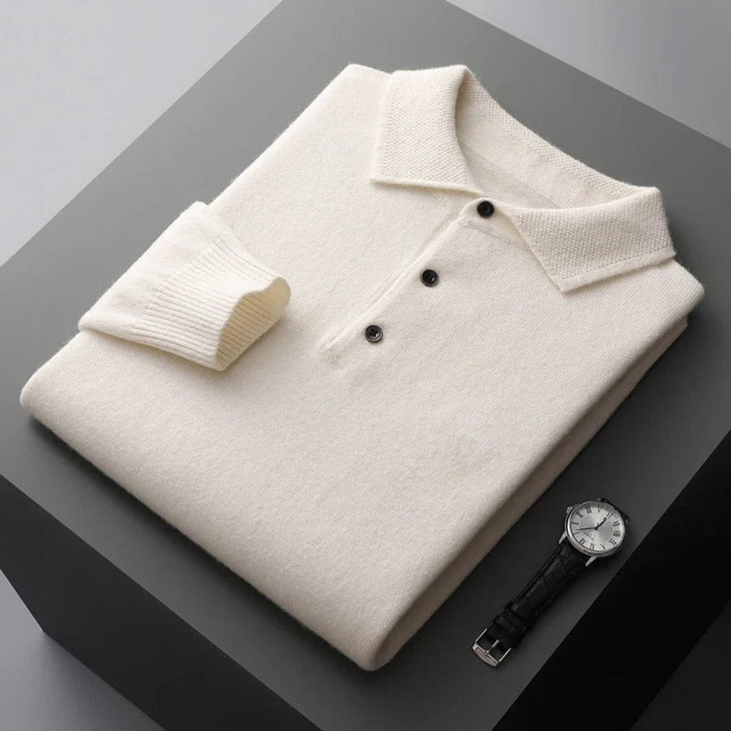 James | Men's Cashmere Polo Knit Sweater Long Sleeve Button Collar Pullover