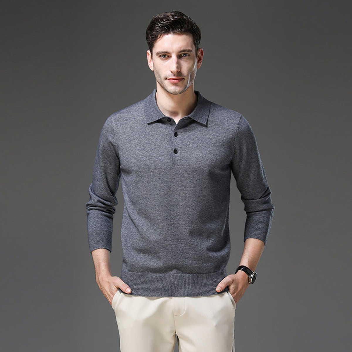 James | Men's Cashmere Polo Knit Sweater Long Sleeve Button Collar Pullover