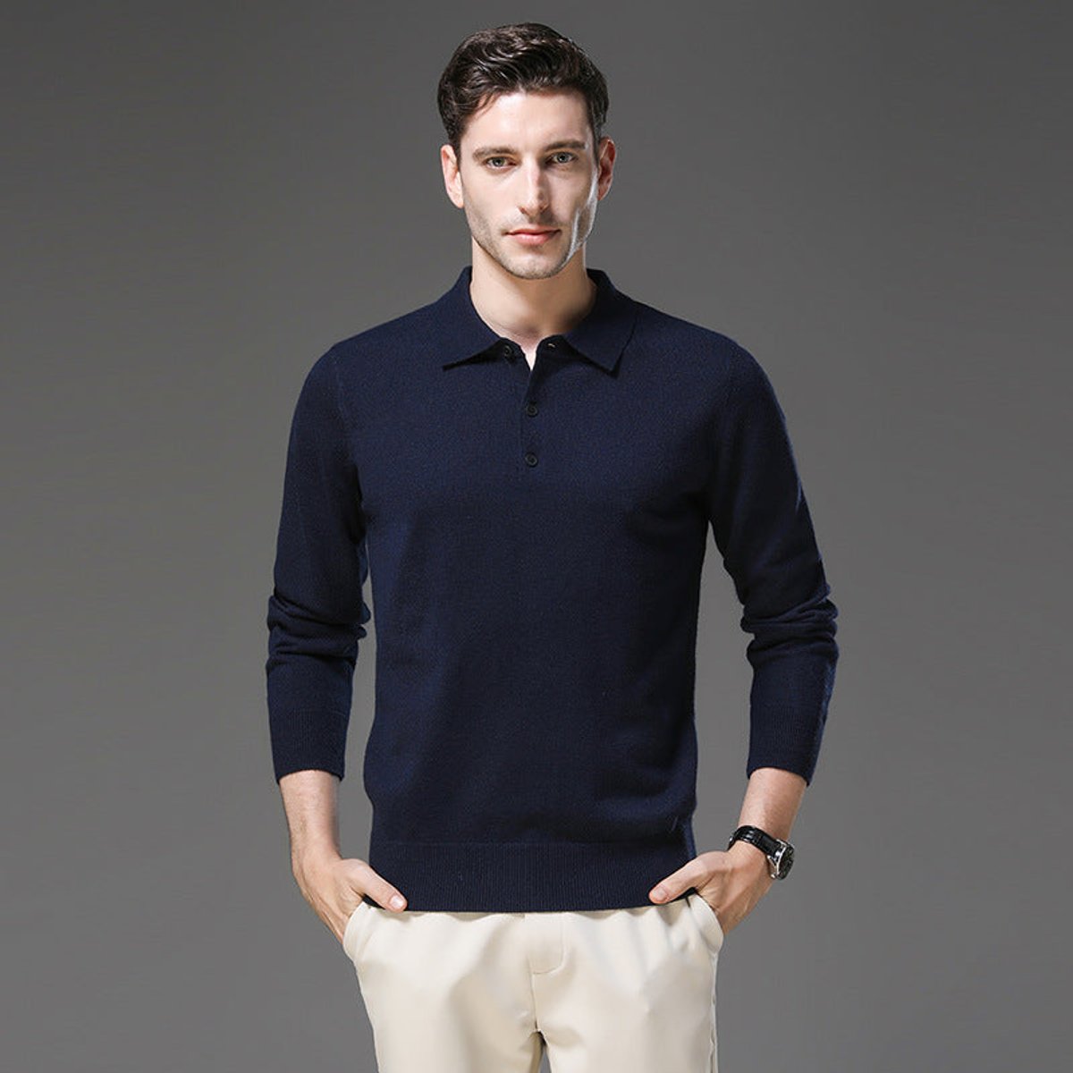 James | Men's Cashmere Polo Knit Sweater Long Sleeve Button Collar Pullover
