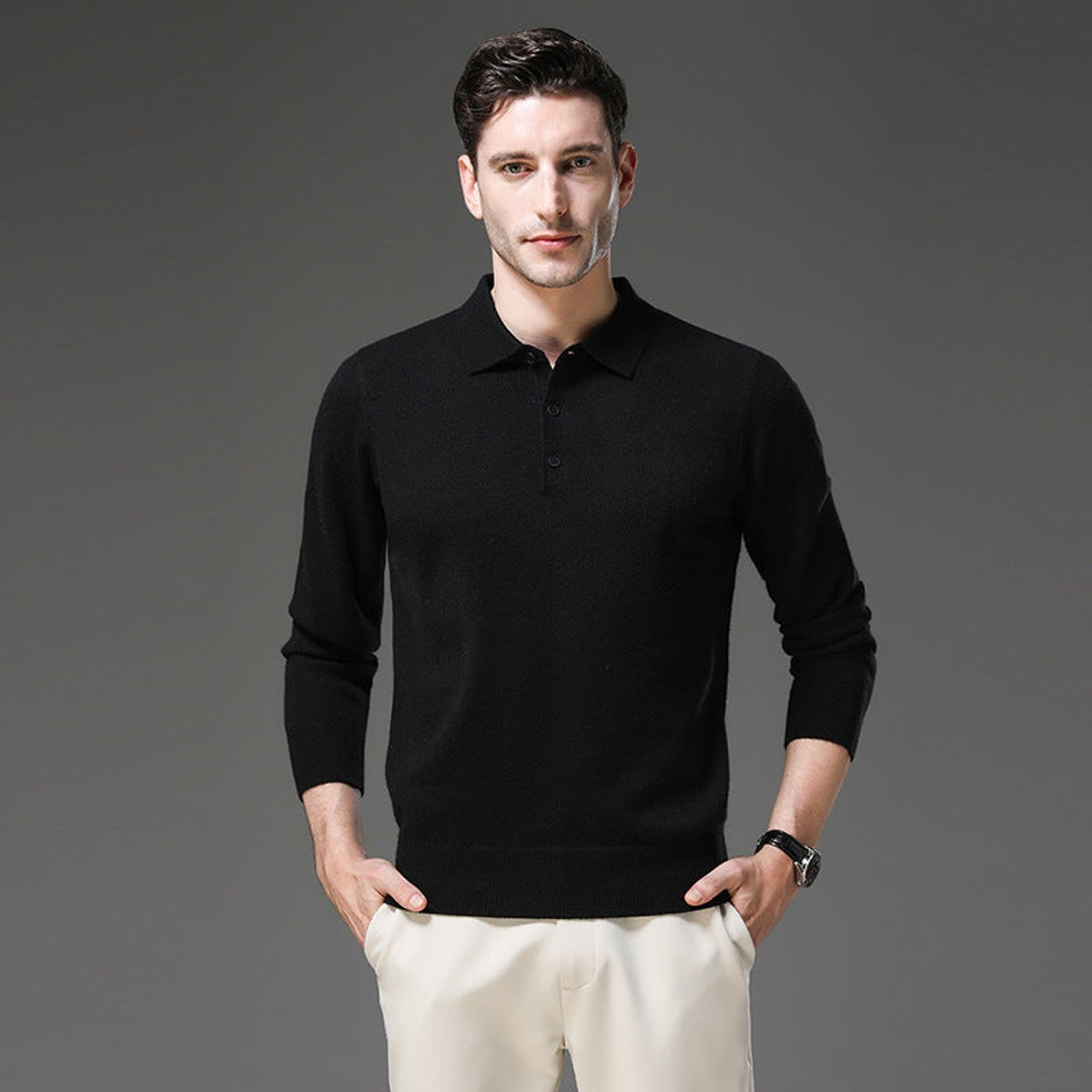 James | Men's Cashmere Polo Knit Sweater Long Sleeve Button Collar Pullover