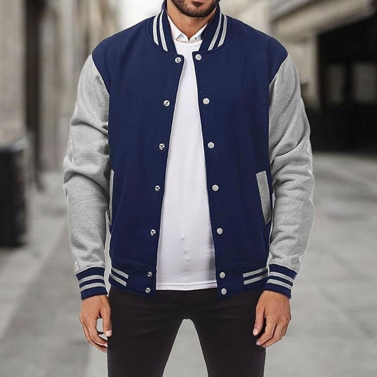 Henry | Men's Classic Varsity Bomber Jacket Snap-Front Ribbed Collar