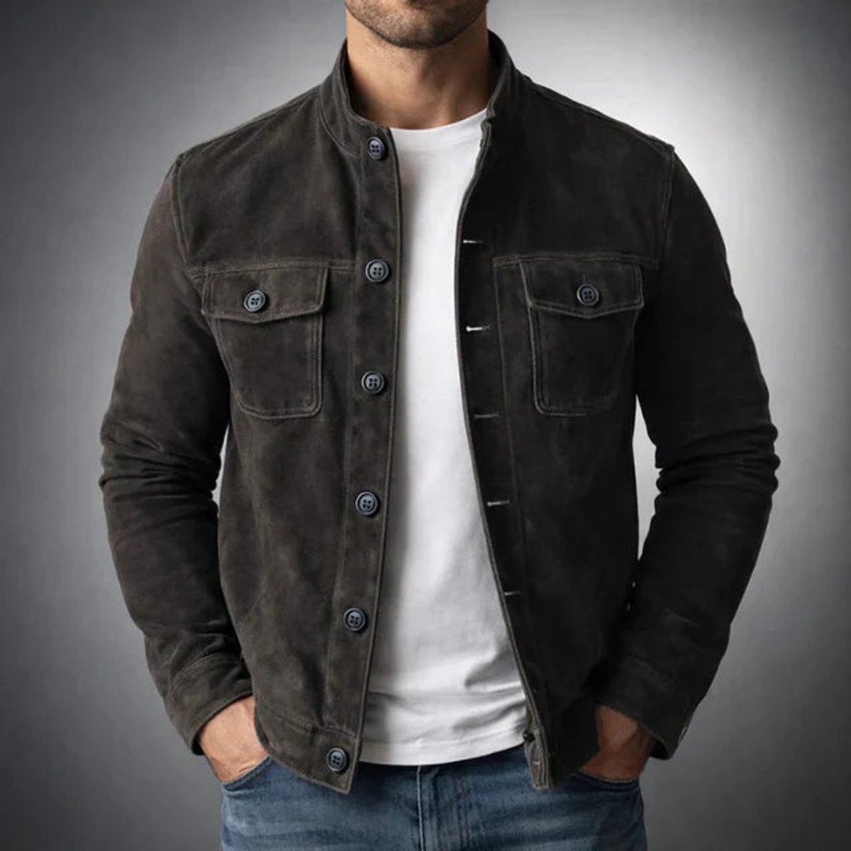 Henry | Men's Italian Suede Button-Front Stand-Collar Jacket