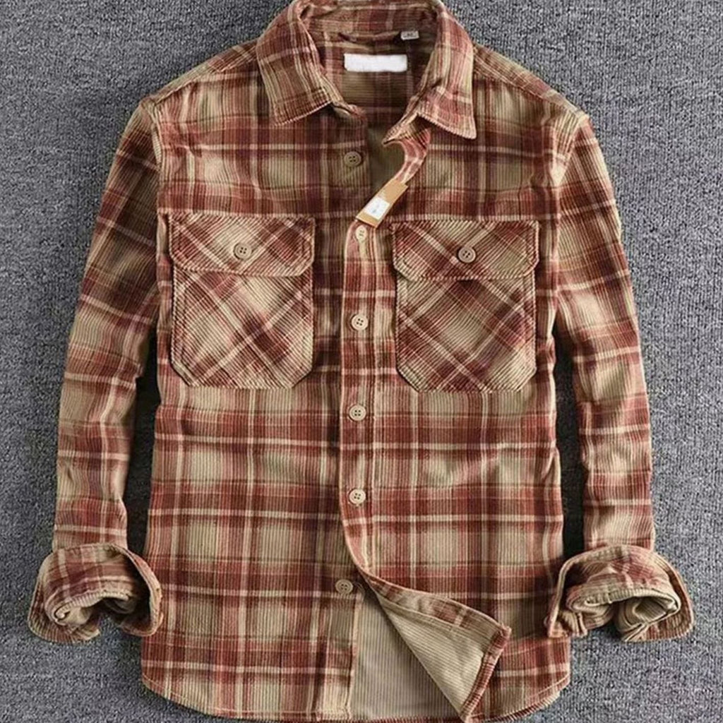 Benjamin | Men's Relaxed-Fit Plaid Corduroy Flannel Shirt Double Chest Pocket