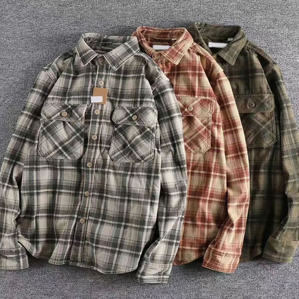 Benjamin | Men's Relaxed-Fit Plaid Corduroy Flannel Shirt Double Chest Pocket