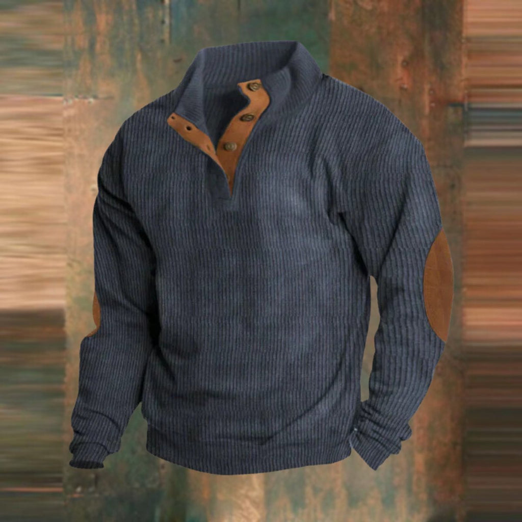 James | Men's Ribbed Knit Sweater Henley Pullover Elbow Patch Quarter Snap