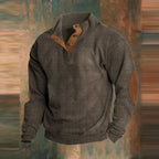 James | Men's Ribbed Knit Sweater Henley Pullover Elbow Patch Quarter Snap