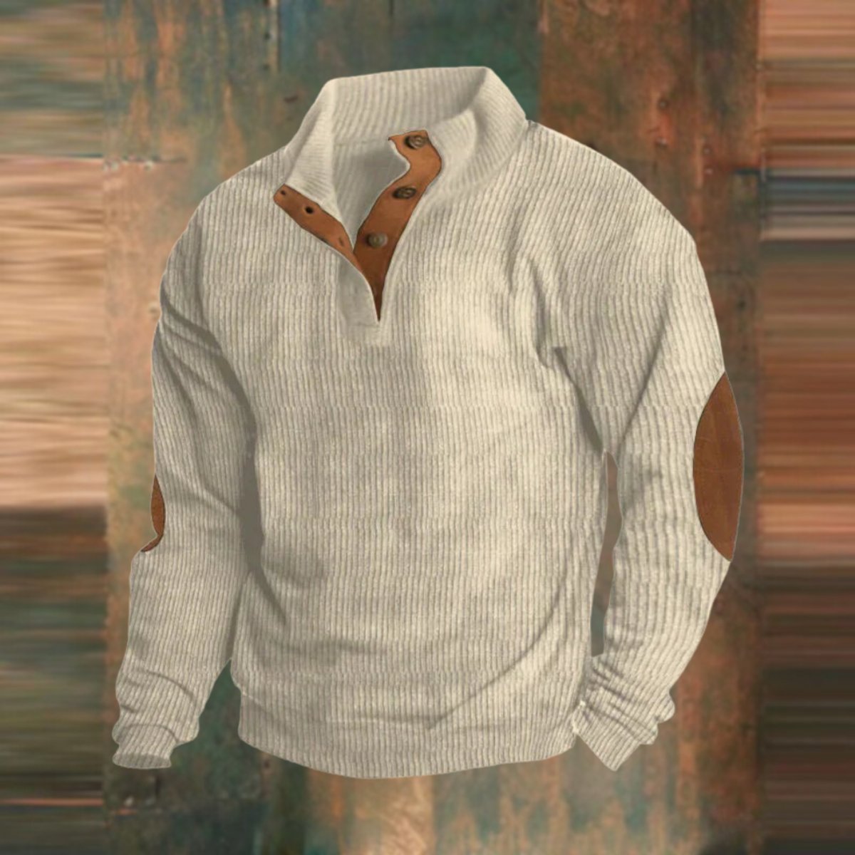 James | Men's Ribbed Knit Sweater Henley Pullover Elbow Patch Quarter Snap