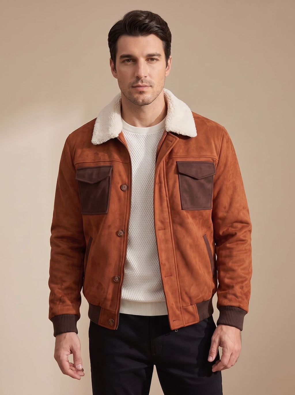 Ryan | Men's Suede Sherpa-Lined Bomber Jacket Vintage Button-Front