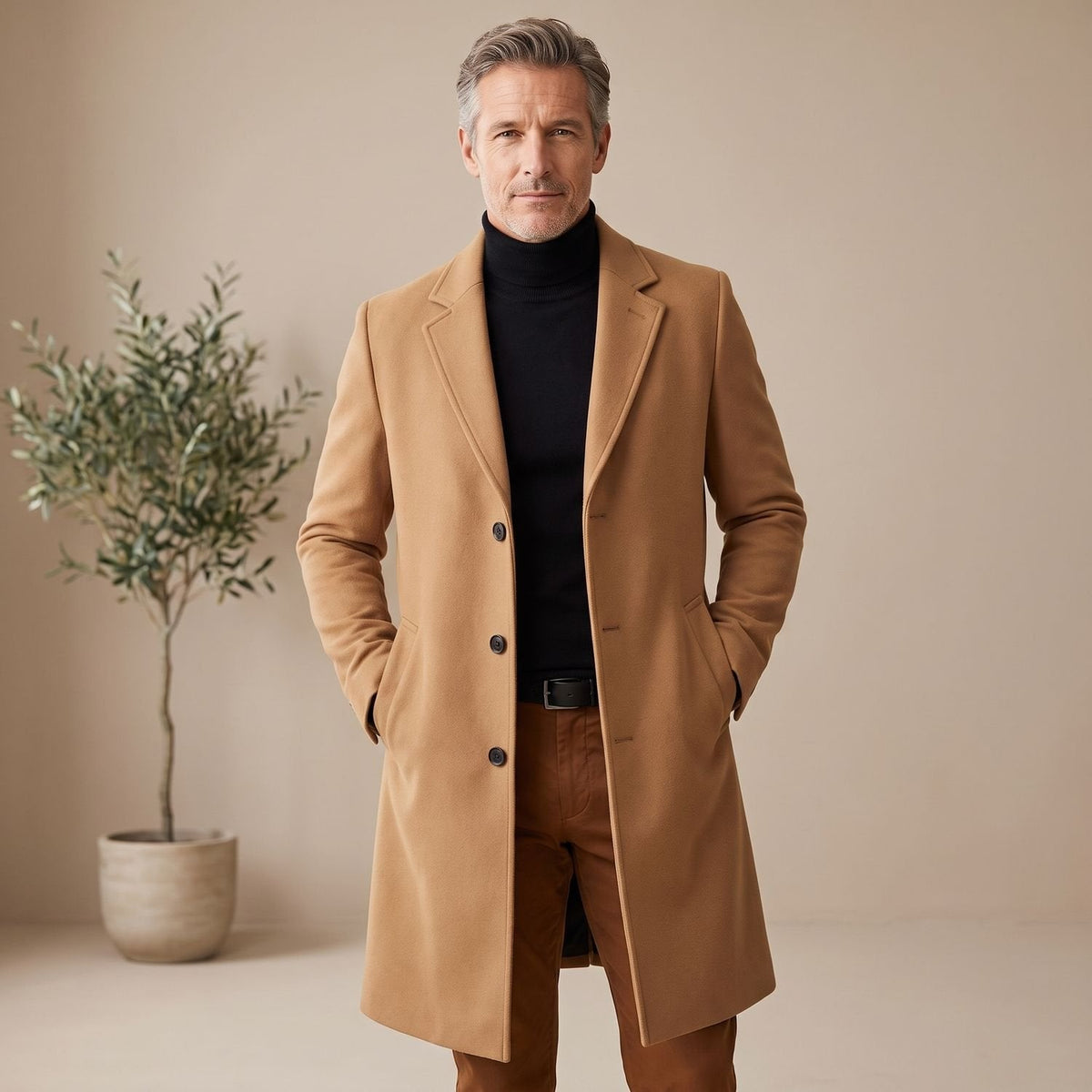 Ethan | Men's Wool Blend Long Overcoat Notch-Lapel Button-Front
