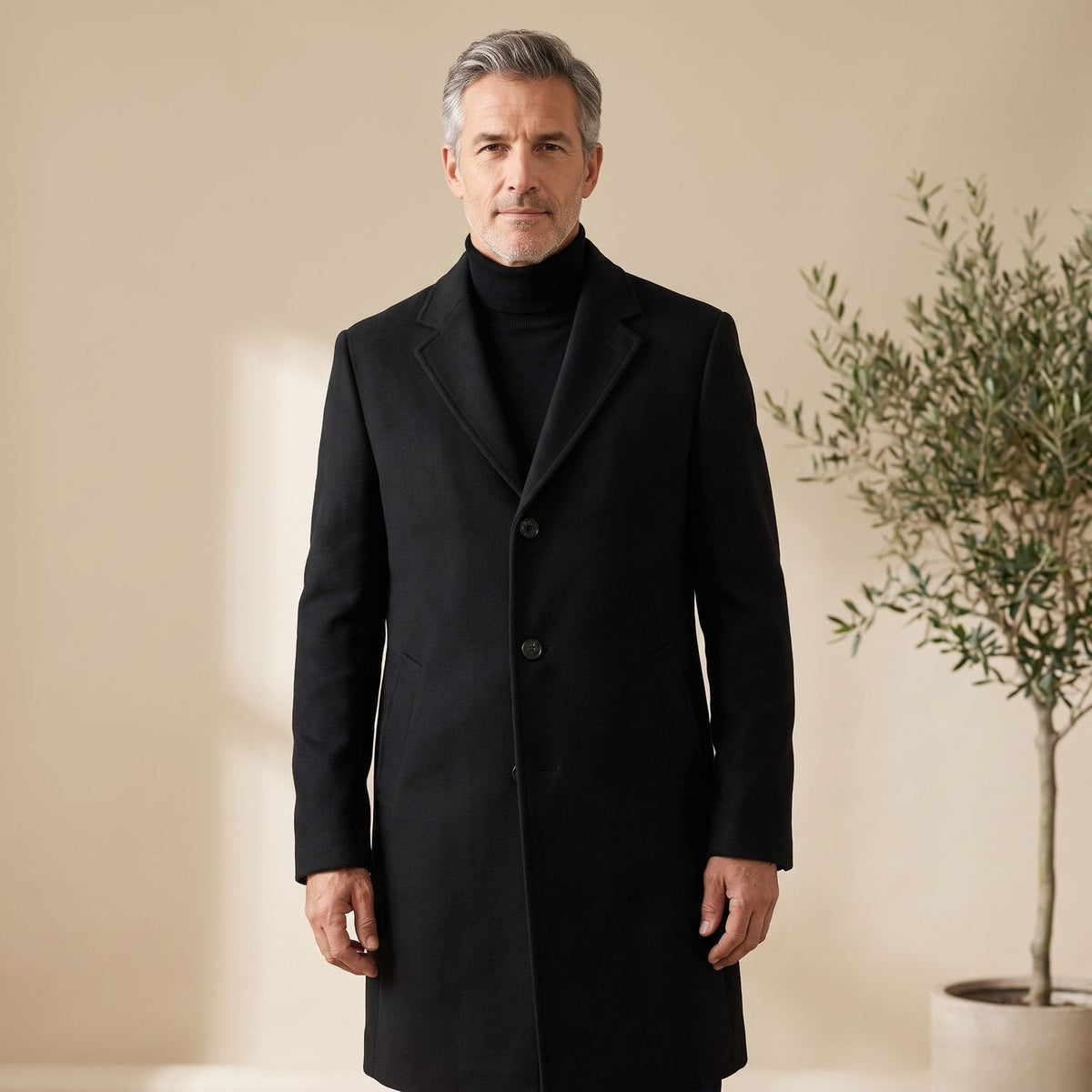 Ethan | Men's Wool Blend Long Overcoat Notch-Lapel Button-Front