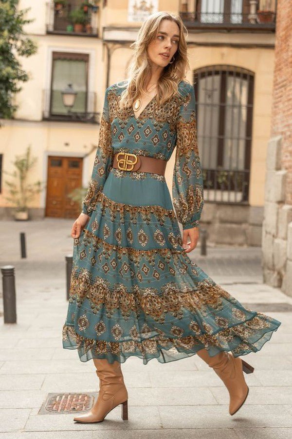 Evelyn | Women's Medallion Print Puff Sleeve Midi Dress with Tiered Chiffon Skirt