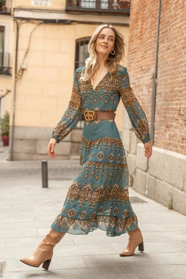 Evelyn | Women's Medallion Print Puff Sleeve Midi Dress with Tiered Chiffon Skirt
