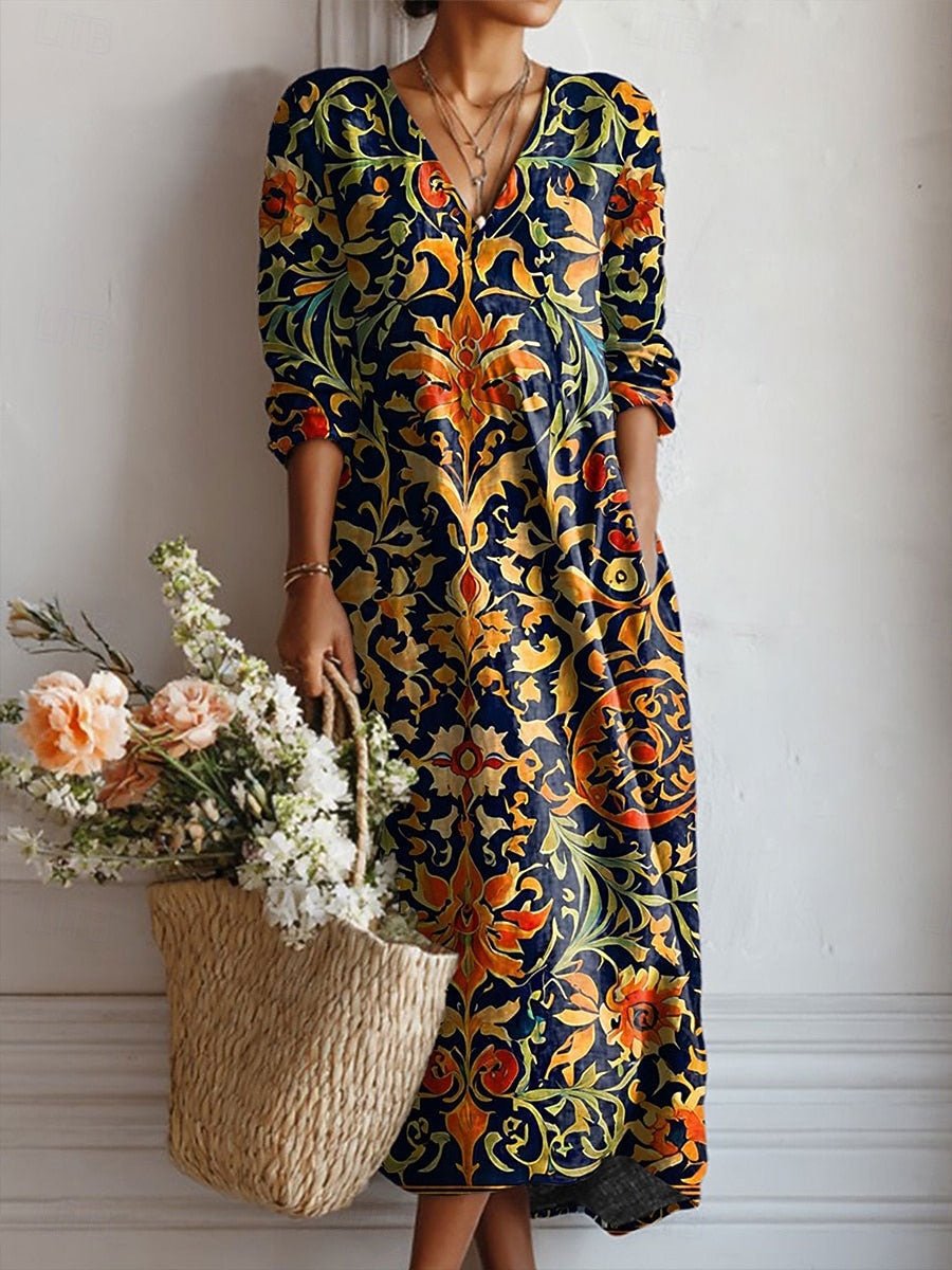 Layla | Women's V-Neck 3/4 Sleeve Cotton Midi Dress with Baroque Print