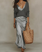 Emma | Women's Bodycon Midi Dress Two Piece Set with V-Neck Knit Sweater