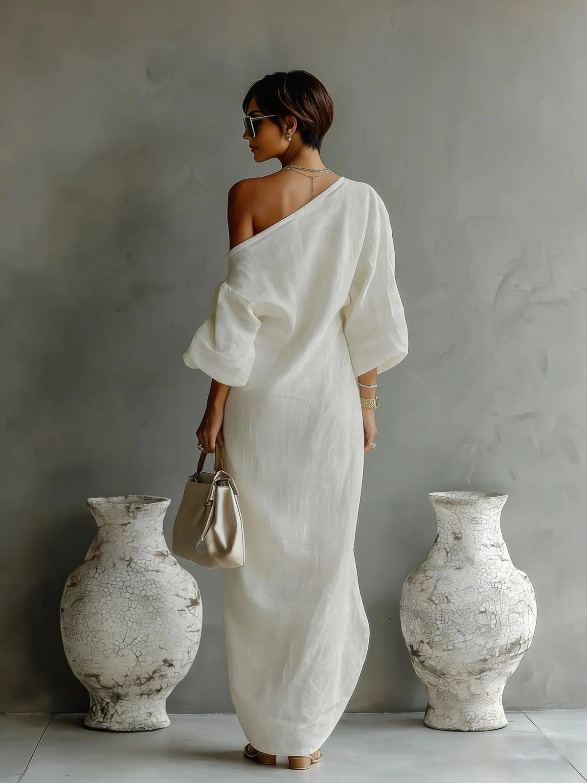 Evelyn | Women's One Shoulder Relaxed Fit Linen Maxi Dress With Side Pockets