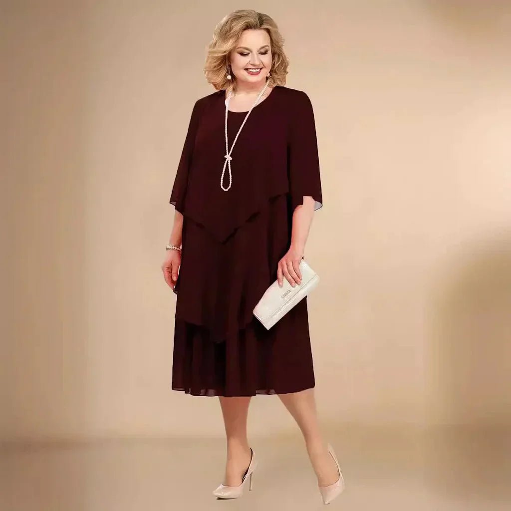 Eleanor | Women's Plus Size Layered Chiffon Knee-Length Dress, Three-Quarter Sleeves
