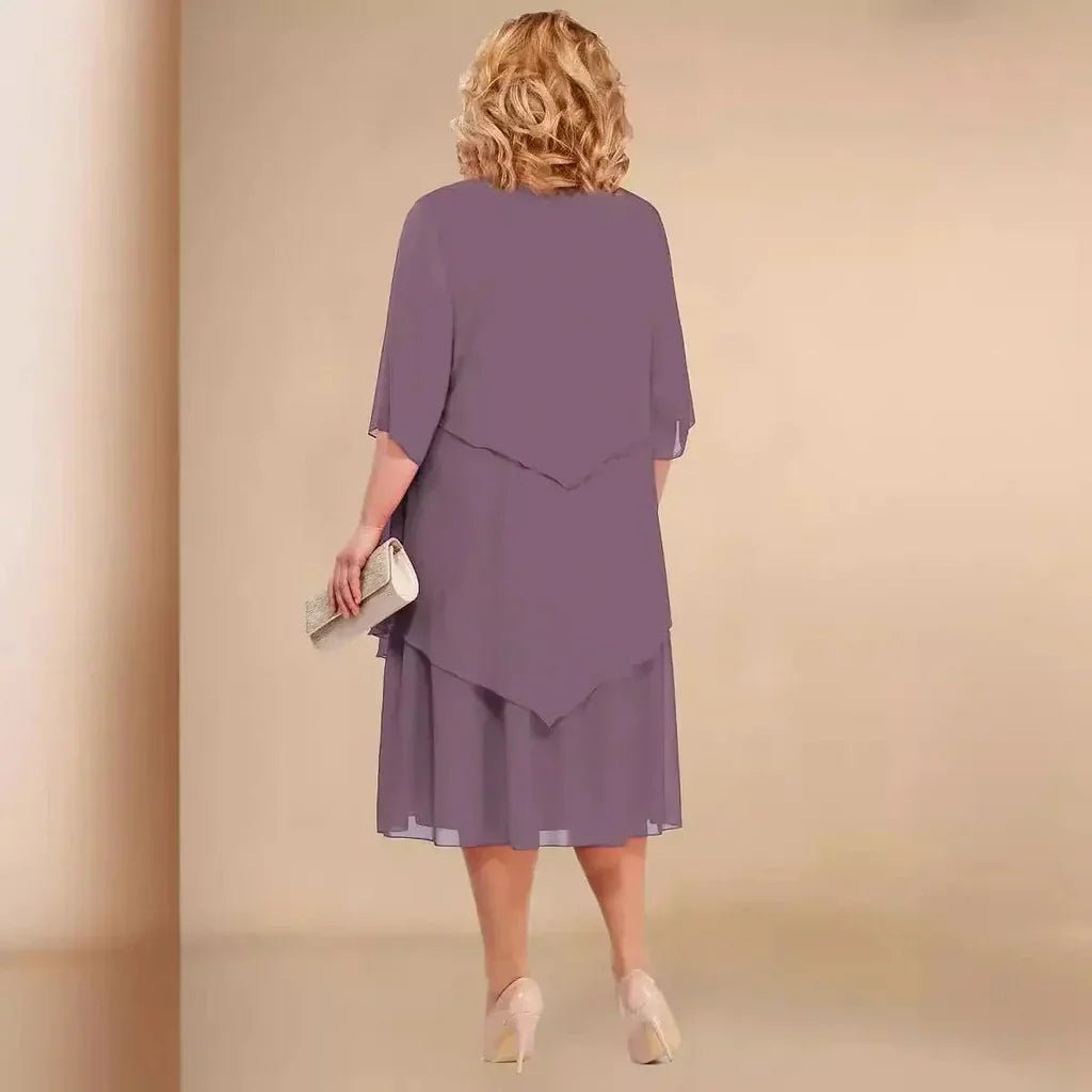 Eleanor | Women's Plus Size Layered Chiffon Knee-Length Dress, Three-Quarter Sleeves