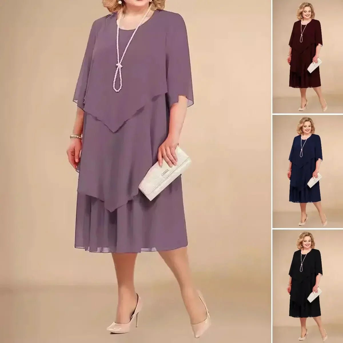 Eleanor | Women's Plus Size Layered Chiffon Knee-Length Dress, Three-Quarter Sleeves