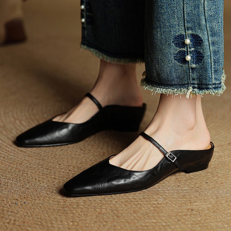 Layla | Women's Pointed Toe Leather Mary Jane Mules with Buckle Strap