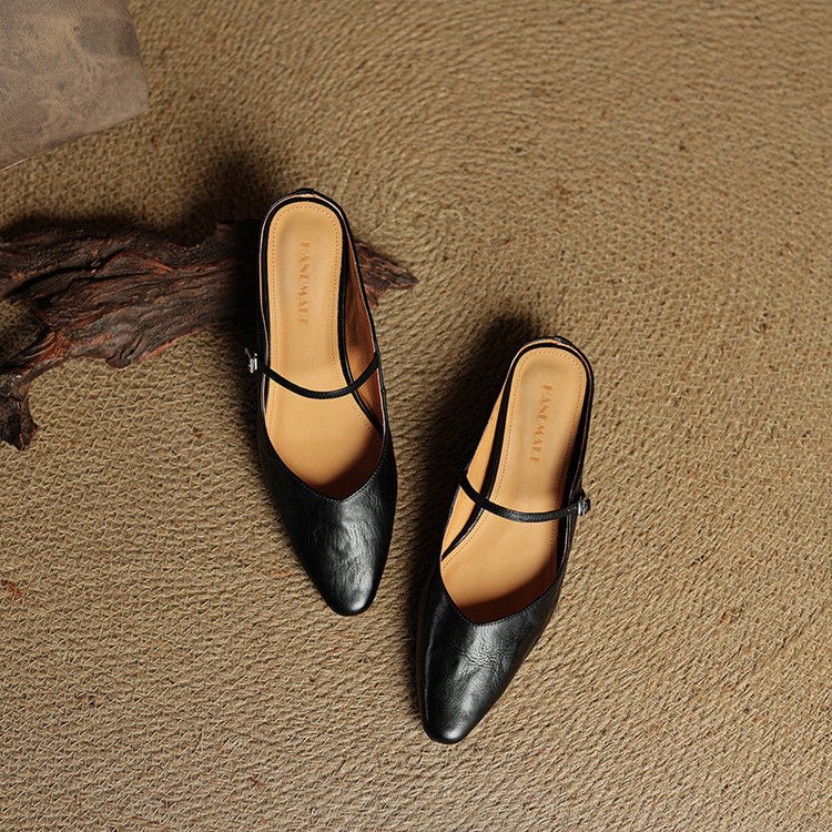 Layla | Women's Pointed Toe Leather Mary Jane Mules with Buckle Strap