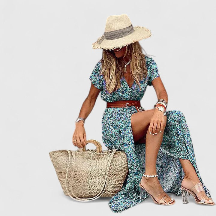 Alleta | Women's Gathered-Waist Maxi Dress with Boho Print
