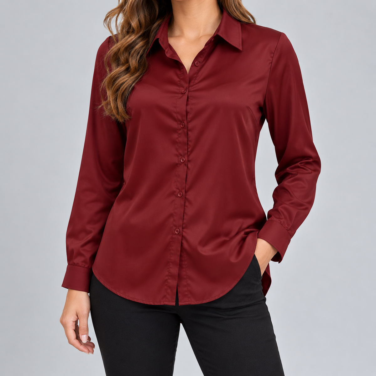 Aria | Women's Deep V-Neck Satin Long-Sleeve Draped Blouse