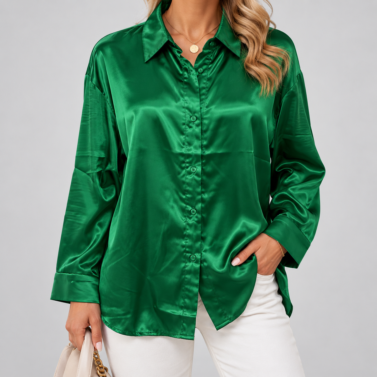 Aria | Women's Deep V-Neck Satin Long-Sleeve Draped Blouse
