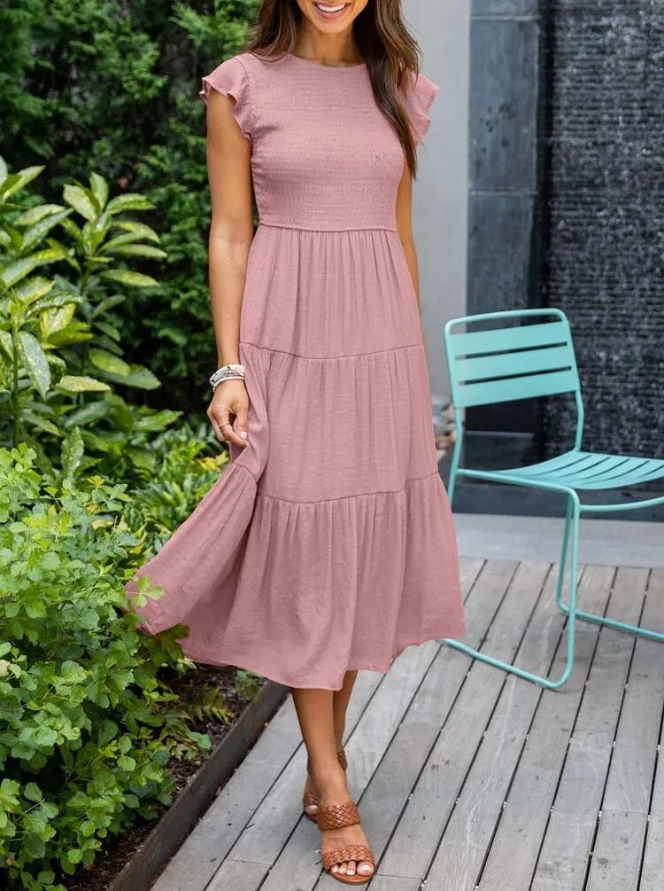 Luna | Women's Tummy-Control Cap Sleeve Tiered Maxi Dress, Smocked Bodice