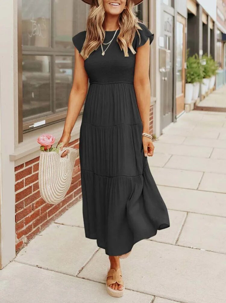 Luna | Women's Tummy-Control Cap Sleeve Tiered Maxi Dress, Smocked Bodice