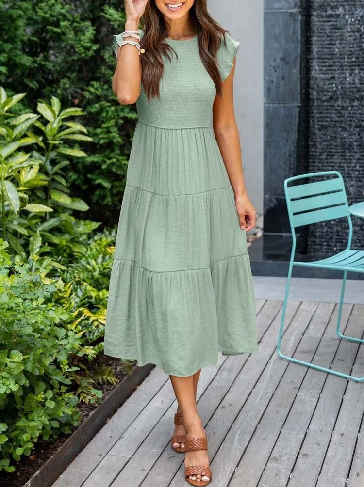Luna | Women's Tummy-Control Cap Sleeve Tiered Maxi Dress, Smocked Bodice