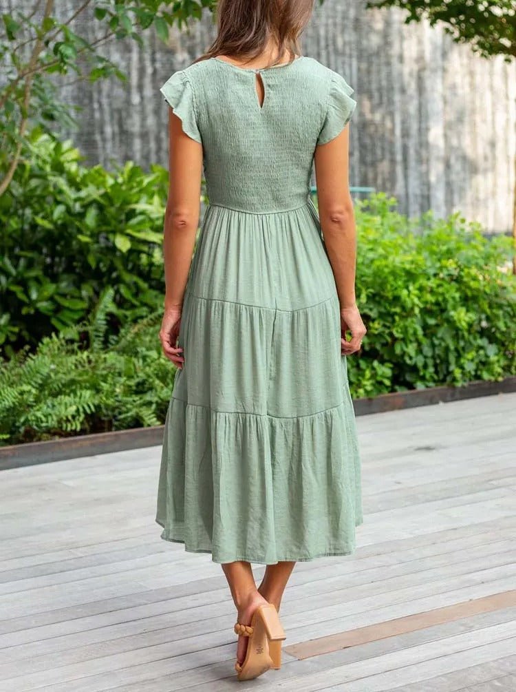 Luna | Women's Tummy-Control Cap Sleeve Tiered Maxi Dress, Smocked Bodice