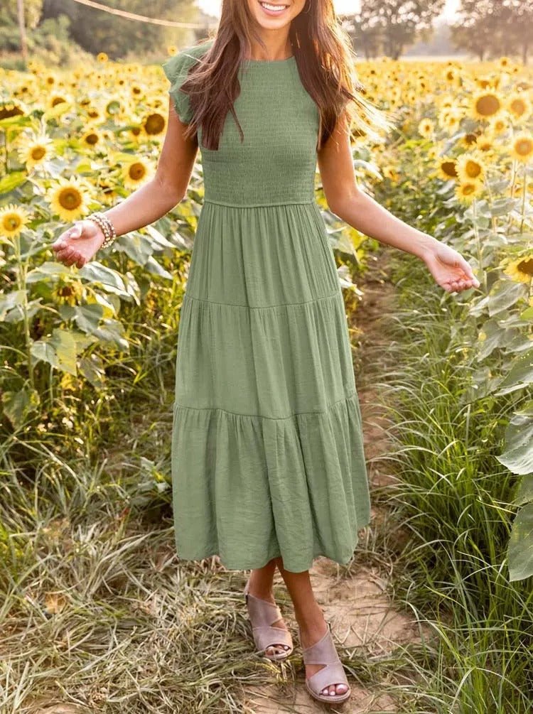 Luna | Women's Tummy-Control Cap Sleeve Tiered Maxi Dress, Smocked Bodice