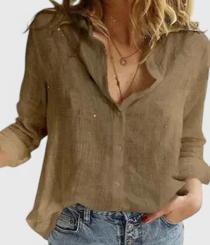 Elena | Women's Relaxed Cotton-Linen Button-Down Blouse with Lapel Collar