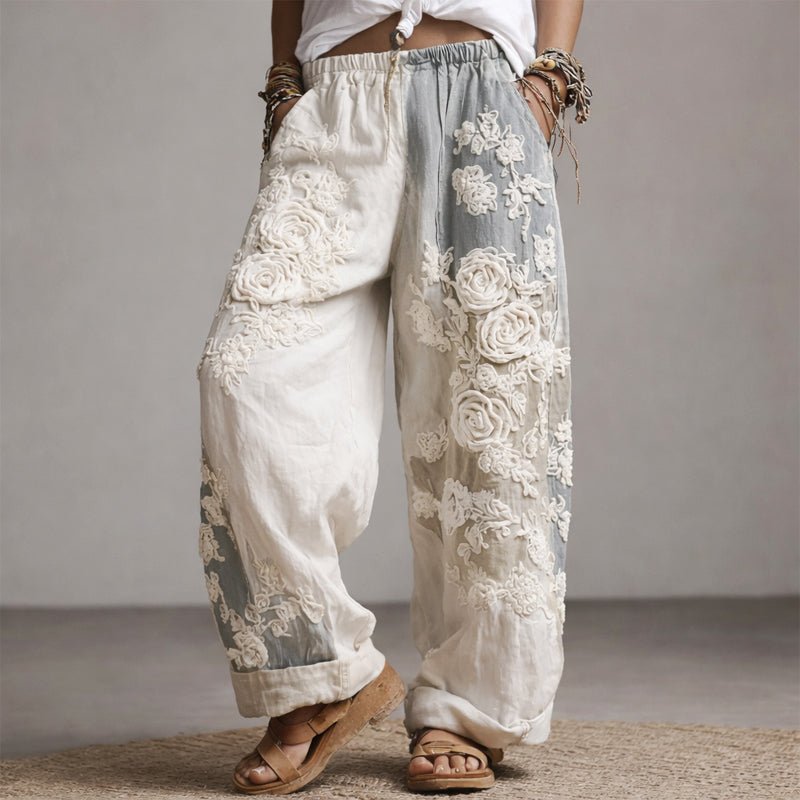 Camila | Women's Wide-Leg Floral Embroidered Pants with Drawstring Waist