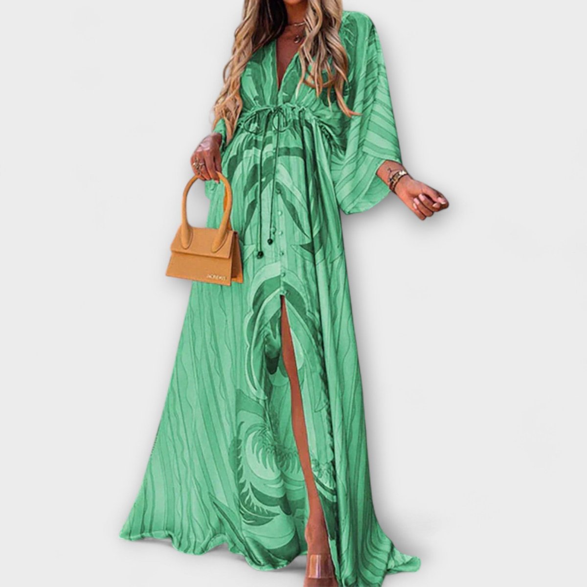 Scarlett | Women's Abstract Print V-Neck Drawstring Flowy Maxi Dress